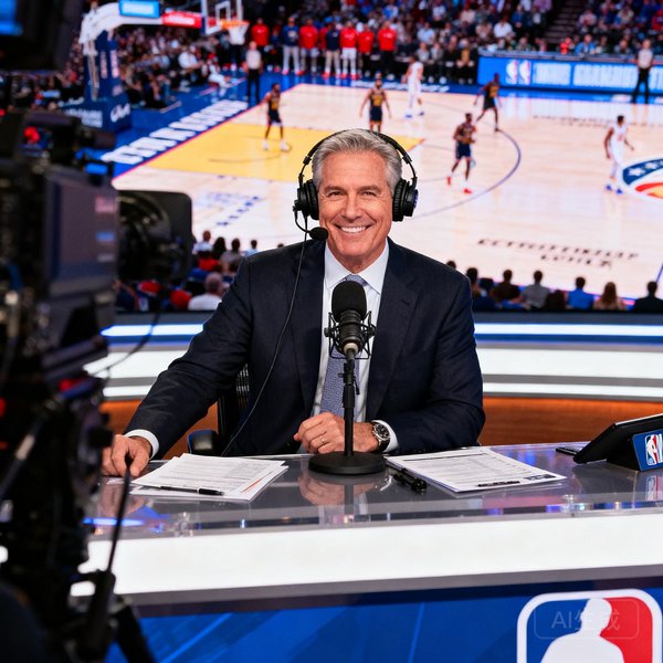 一位约40岁的资深NBA解说员，戴着专业耳机坐在演播室中，面前摆放着赛事资料和麦克风，表情专注而自信，身后是巨大的LED屏幕显示比赛实时画面